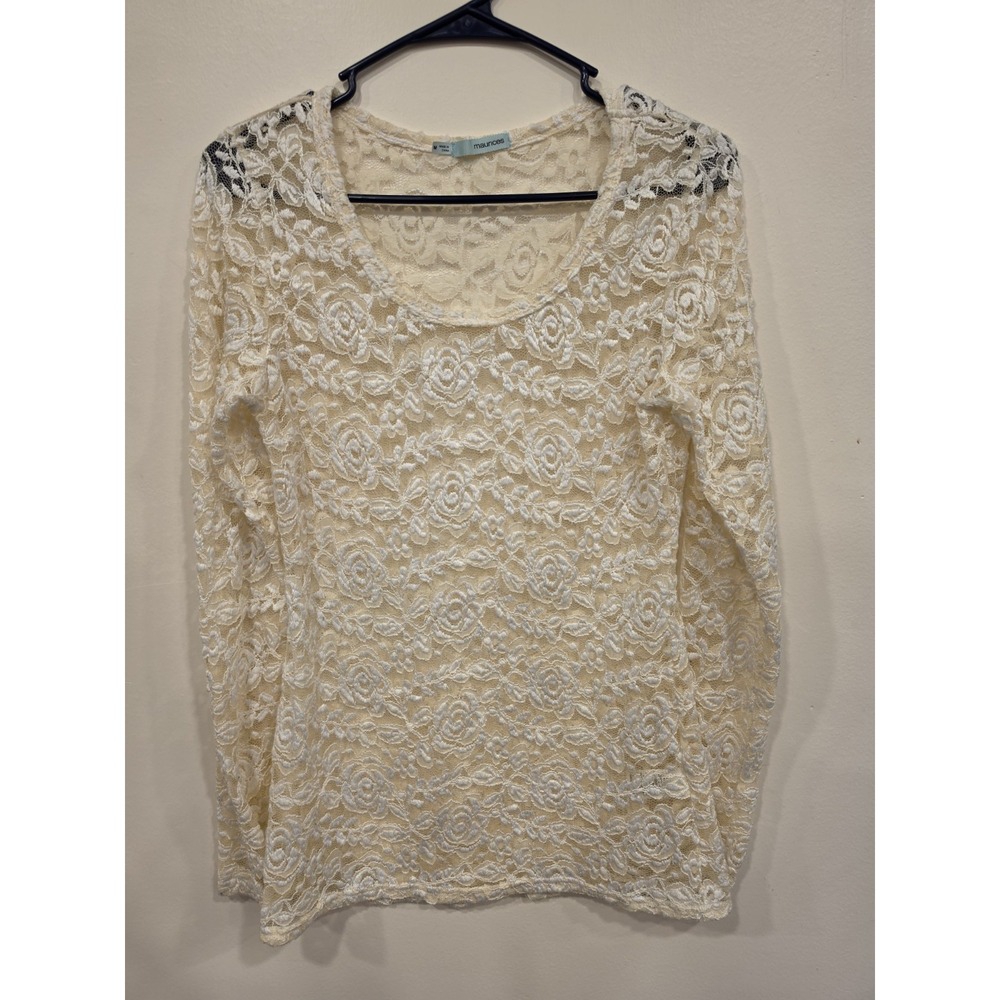 Lace Floral Top Womensโ Medium Ivory Sheer Stretch Long Sleeve Romantic